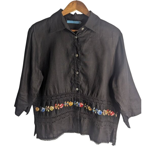 Womens Button-Up Blouse Sz L Black Embroidered Eyelet Lace Boho Hippie Festival - Picture 1 of 7